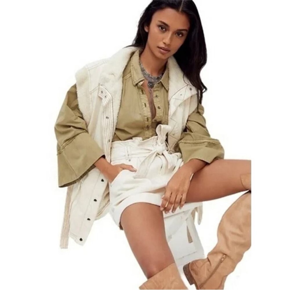 Free People Cream High-Waist Paperbag Jean Shorts